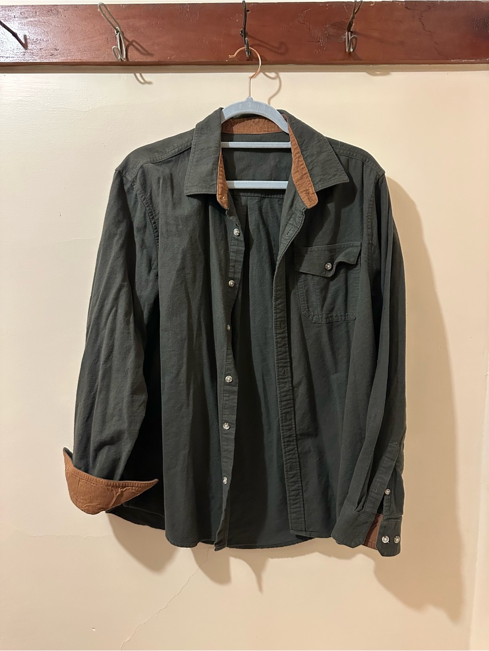 Men's Dark Olive Button-Up Jacket with Brown Corduroy Trim